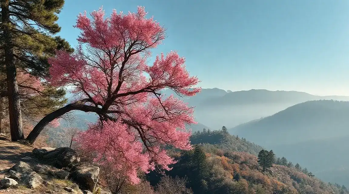 満開の桜に似た赤紫の花と、霞む山並みの風景（イメージ写真）